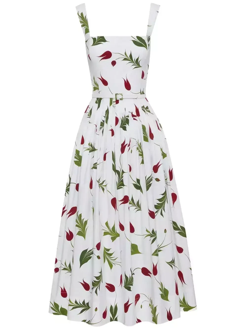 Belted Tulip Printed White Sundress