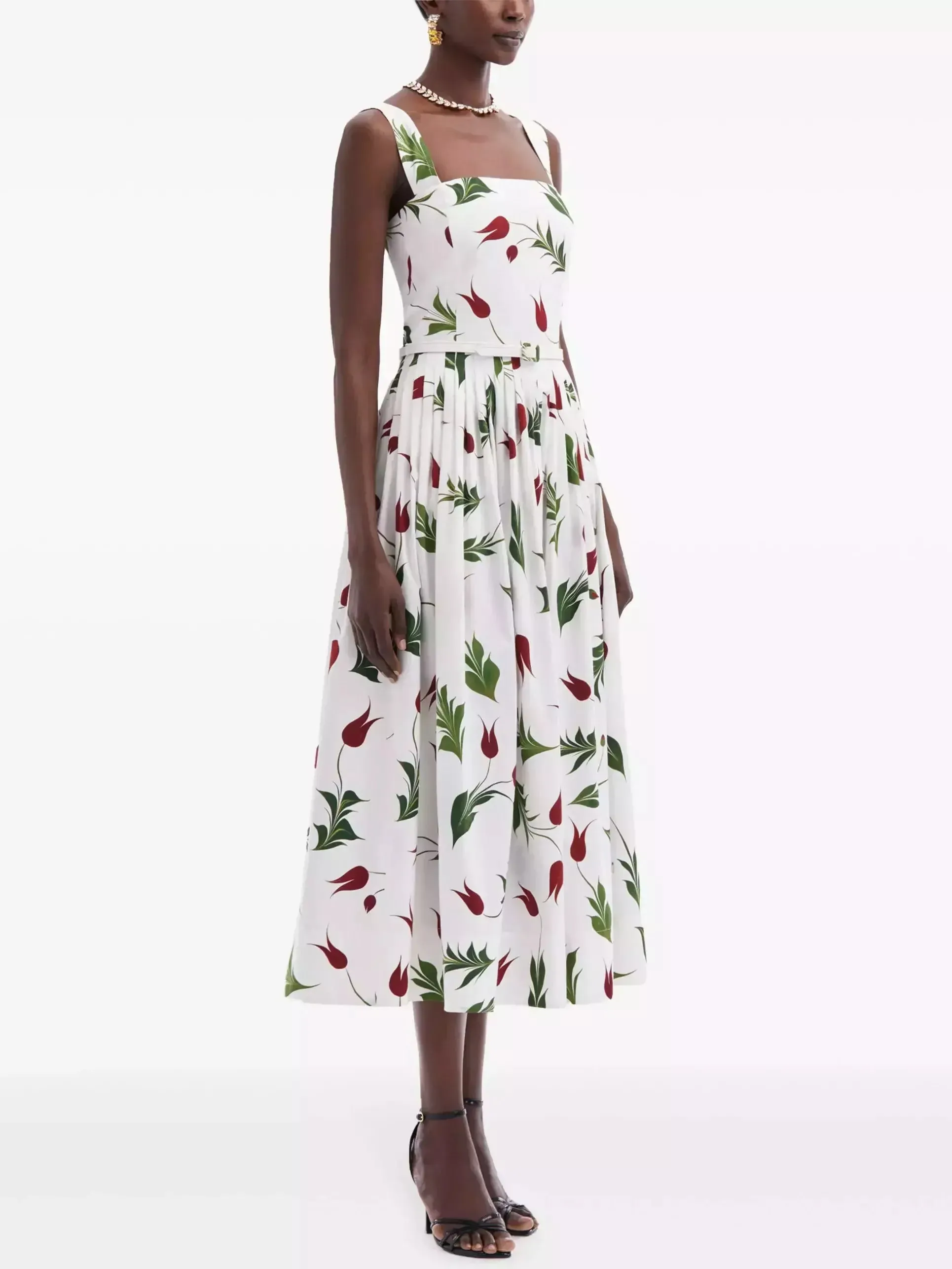 Belted Tulip Printed White Sundress