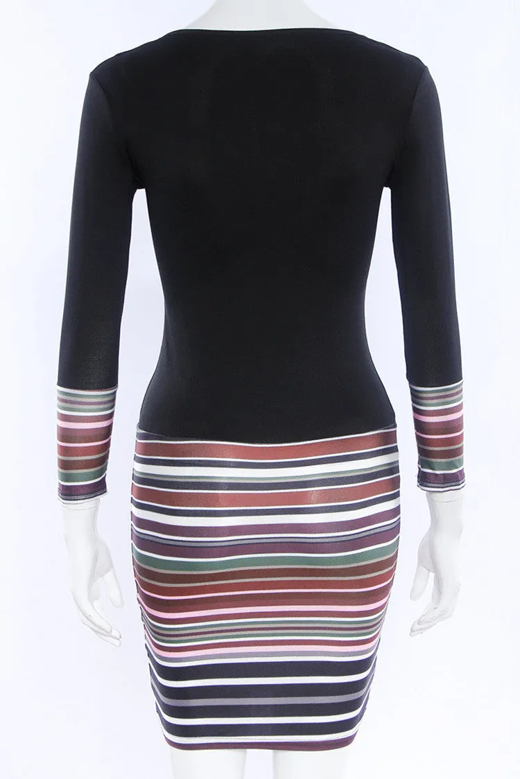 Black Stripe Print Long Sleeve V Neck Short Bodycon Dress