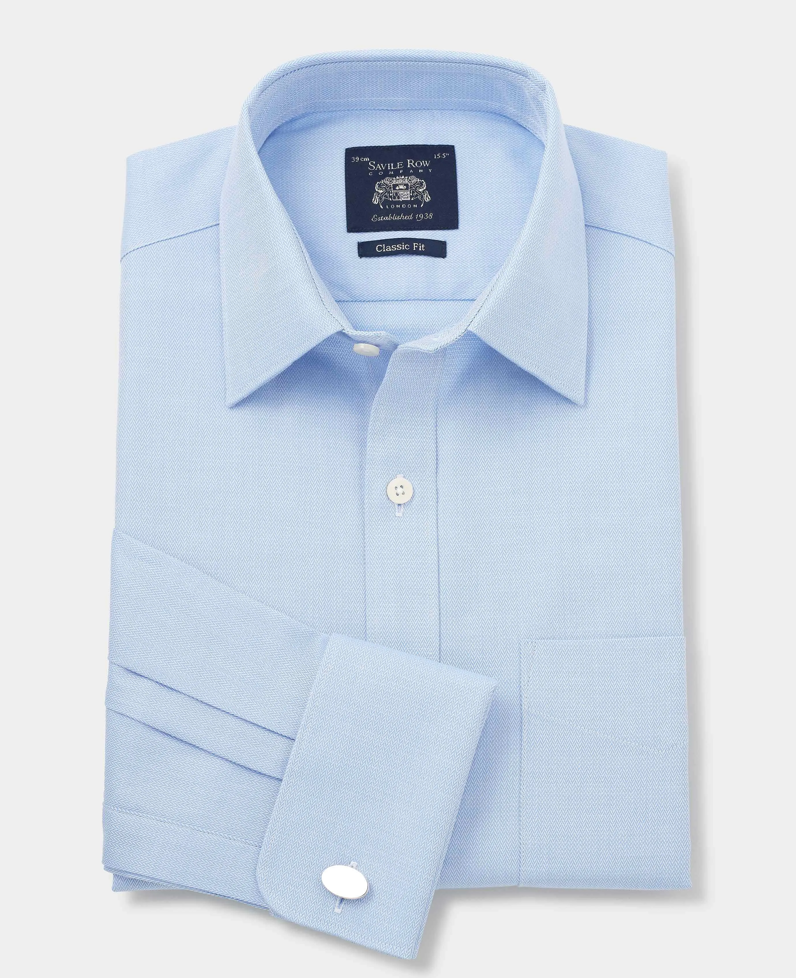 Blue Cotton Herringbone Classic Fit Formal Shirt - Double Cuff