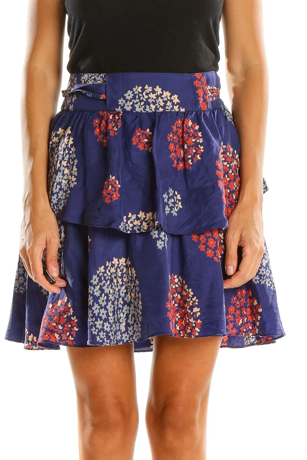 Blue Floral Print Ruffle Silk A-Line Skirt