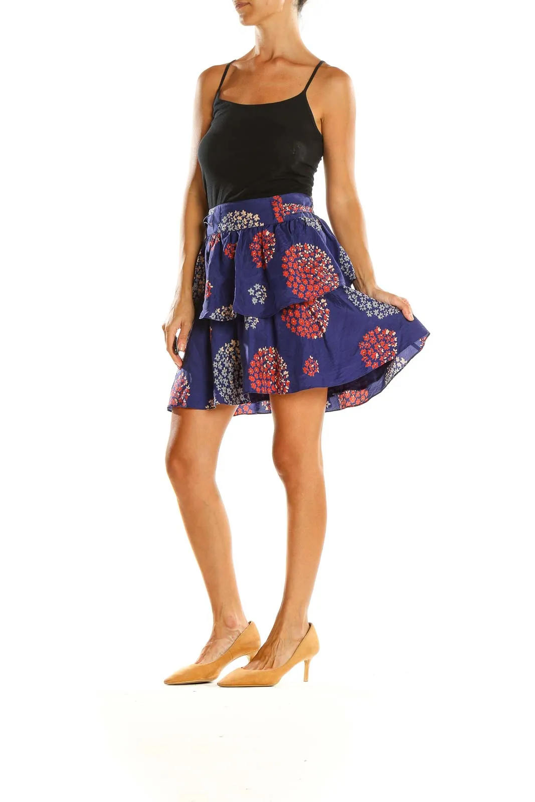 Blue Floral Print Ruffle Silk A-Line Skirt