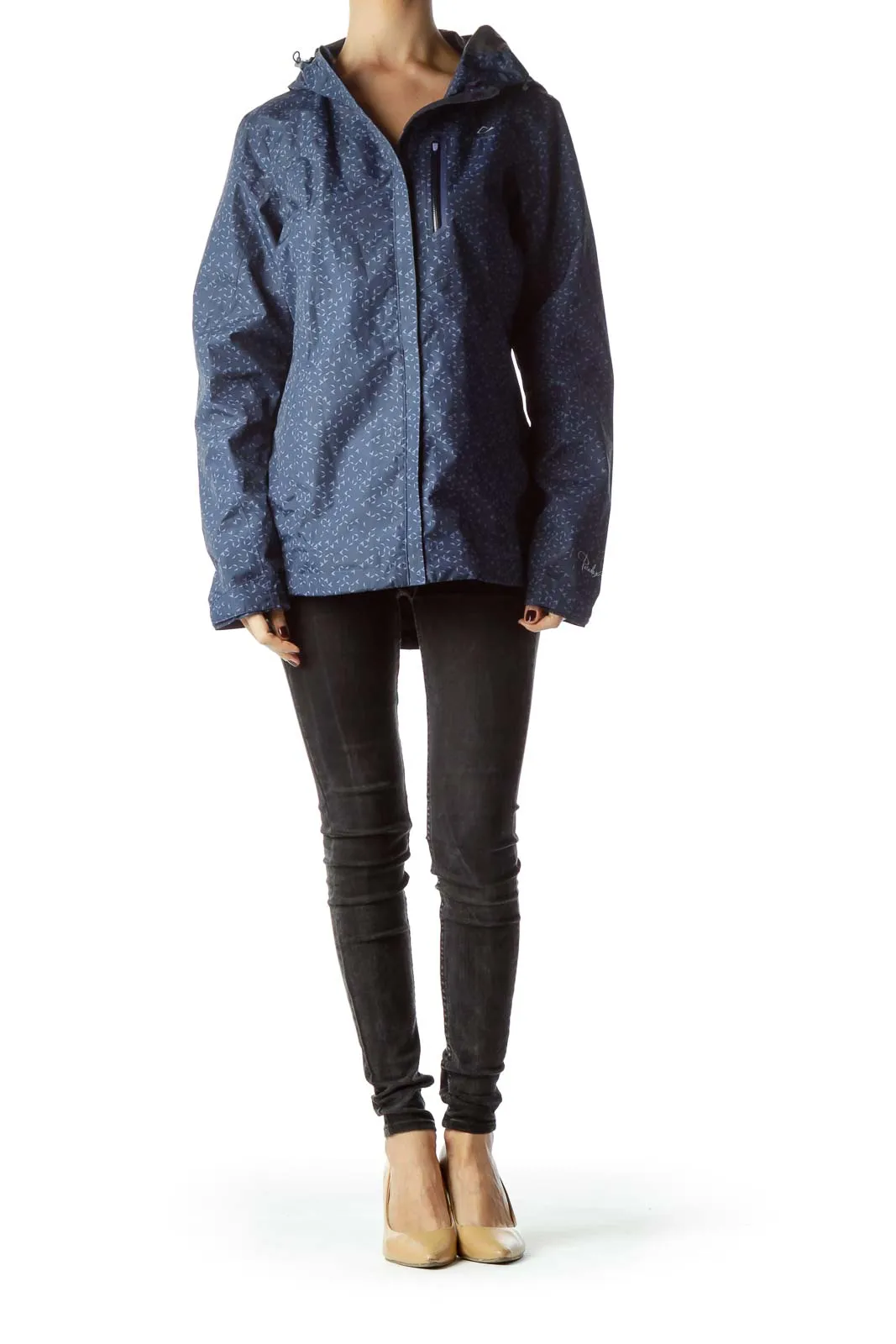 Blue Geometric Print Hooded Rain Jacket