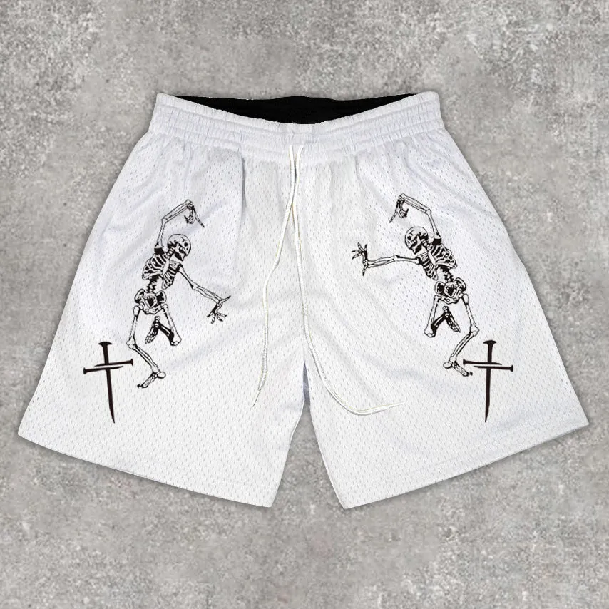 Casual Print Skull Mesh Shorts