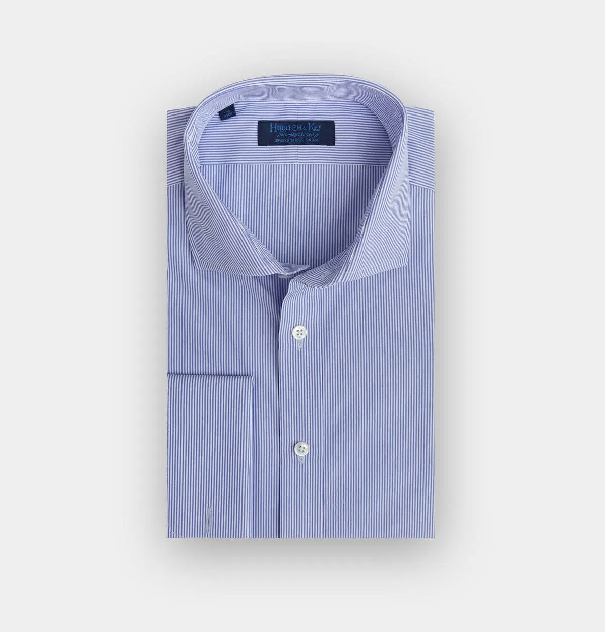 Contemporary Fit, Cutaway Collar, Double Cuff Blue Fine Bengal Stripe