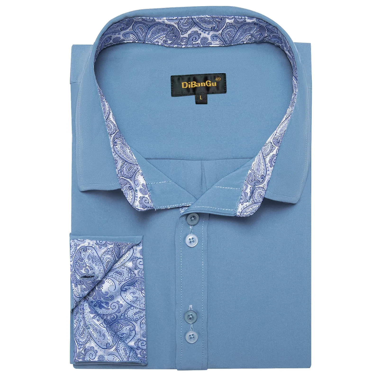 DiBanGu Mens Dress Shirt Solid Arctic Blue Splicing Silk Button Down Shirt