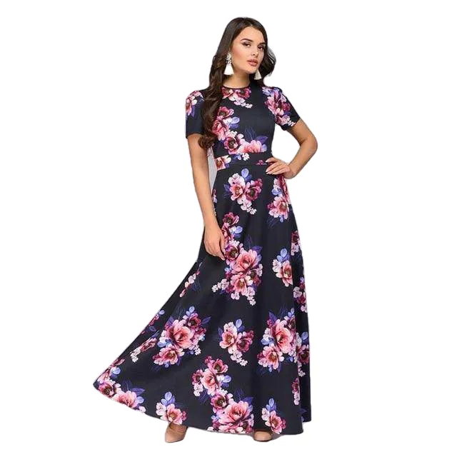 Floral Print Boho Dress Elegant Long Short Sleeve