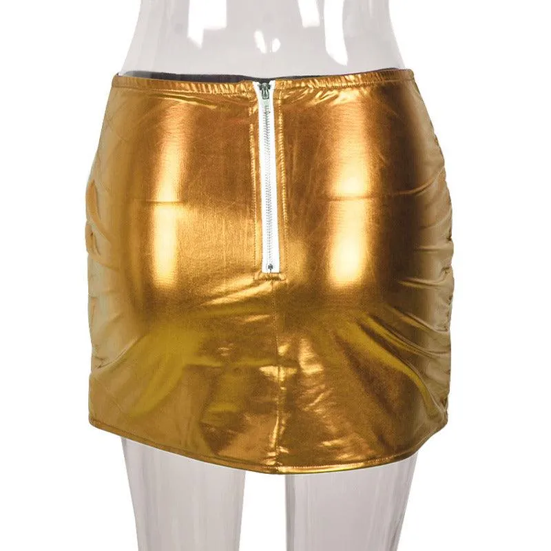 Gold Puffer Mini Skirt Metallic Shiny Warm Quilted