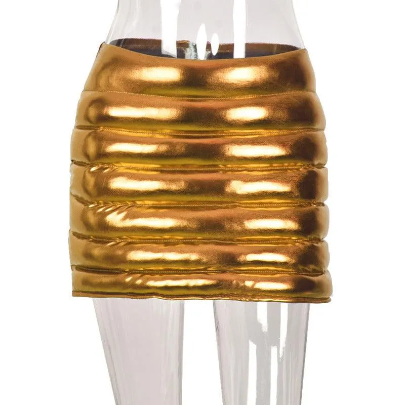 Gold Puffer Mini Skirt Metallic Shiny Warm Quilted