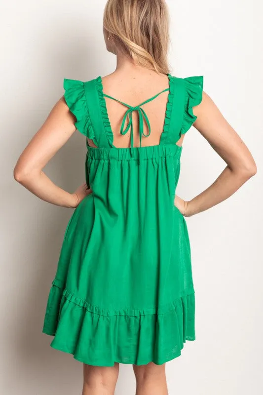 Green Ruffled Solid Linen Backless Mini Dress