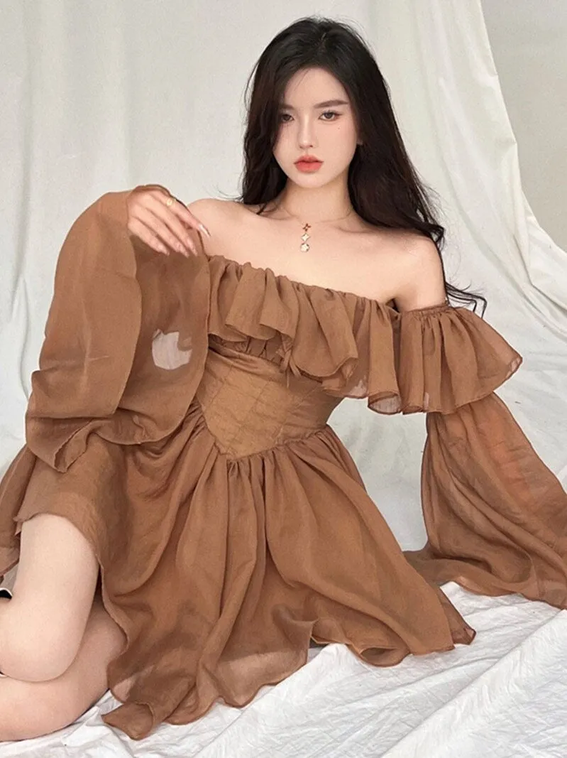 Hnzxzm  2 Holiday Irregular Long Sleeve Beach dress summer Ruffle sexy Off Shoulder female high waist chic women short dresses  Sundress