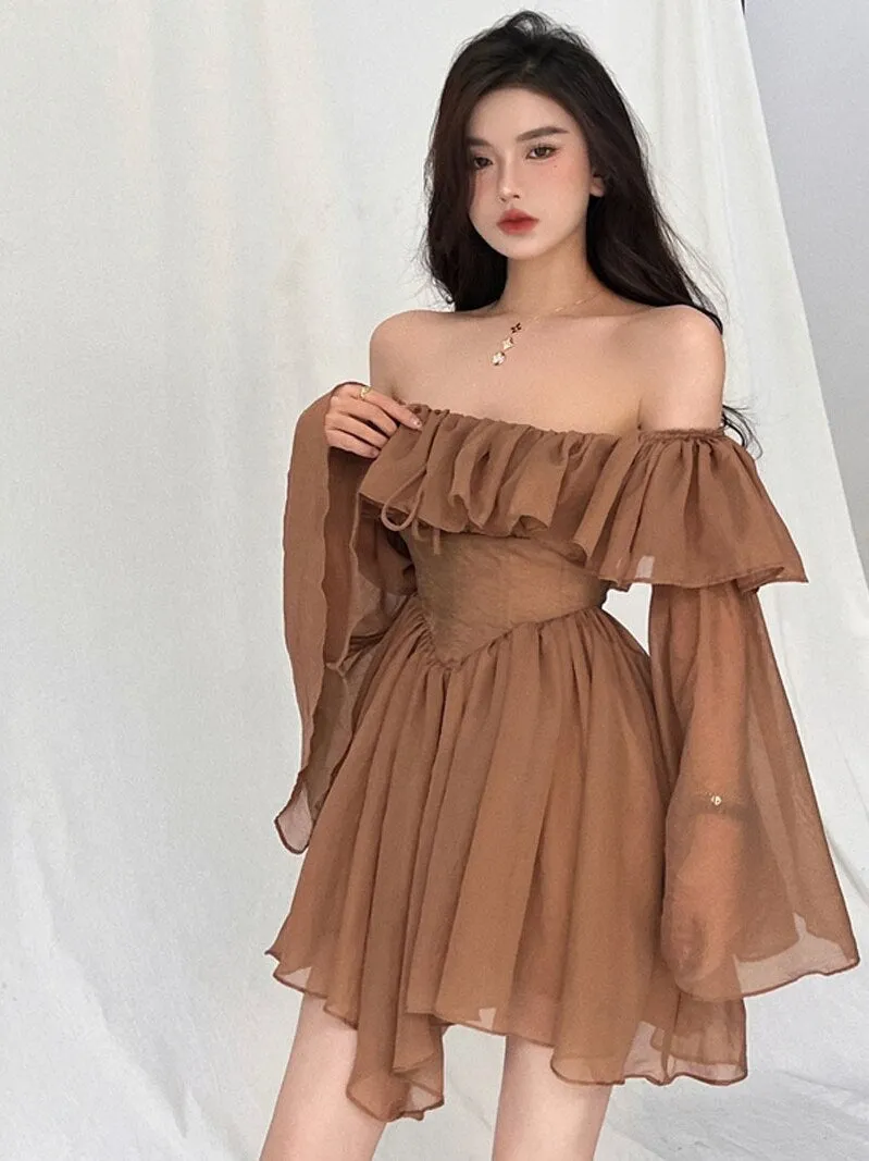 Hnzxzm  2 Holiday Irregular Long Sleeve Beach dress summer Ruffle sexy Off Shoulder female high waist chic women short dresses  Sundress