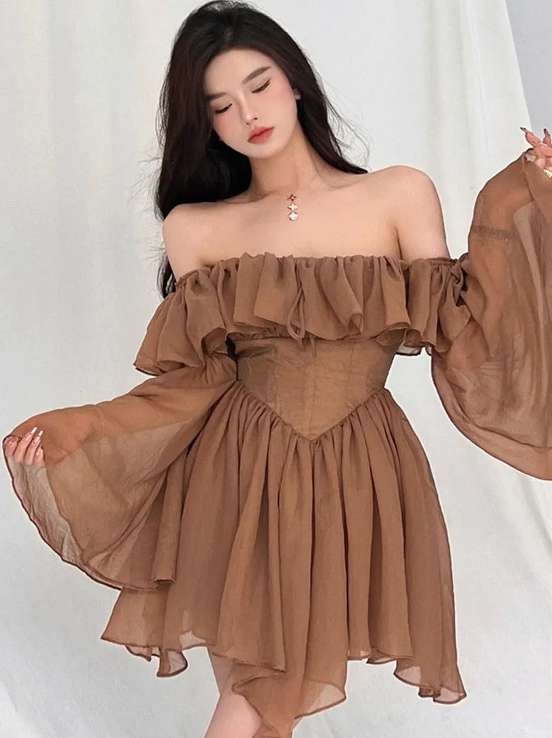 Hnzxzm  2 Holiday Irregular Long Sleeve Beach dress summer Ruffle sexy Off Shoulder female high waist chic women short dresses  Sundress