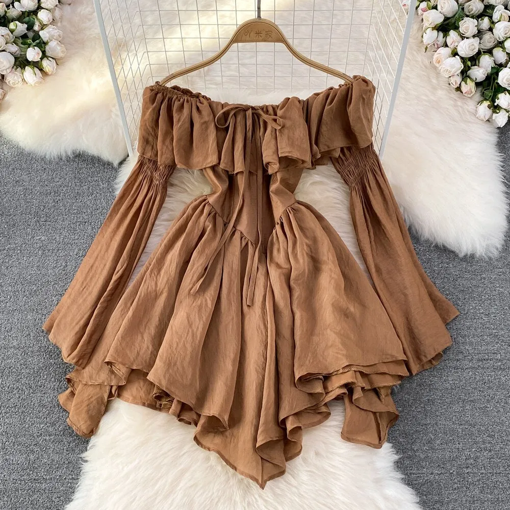 Hnzxzm  2 Holiday Irregular Long Sleeve Beach dress summer Ruffle sexy Off Shoulder female high waist chic women short dresses  Sundress