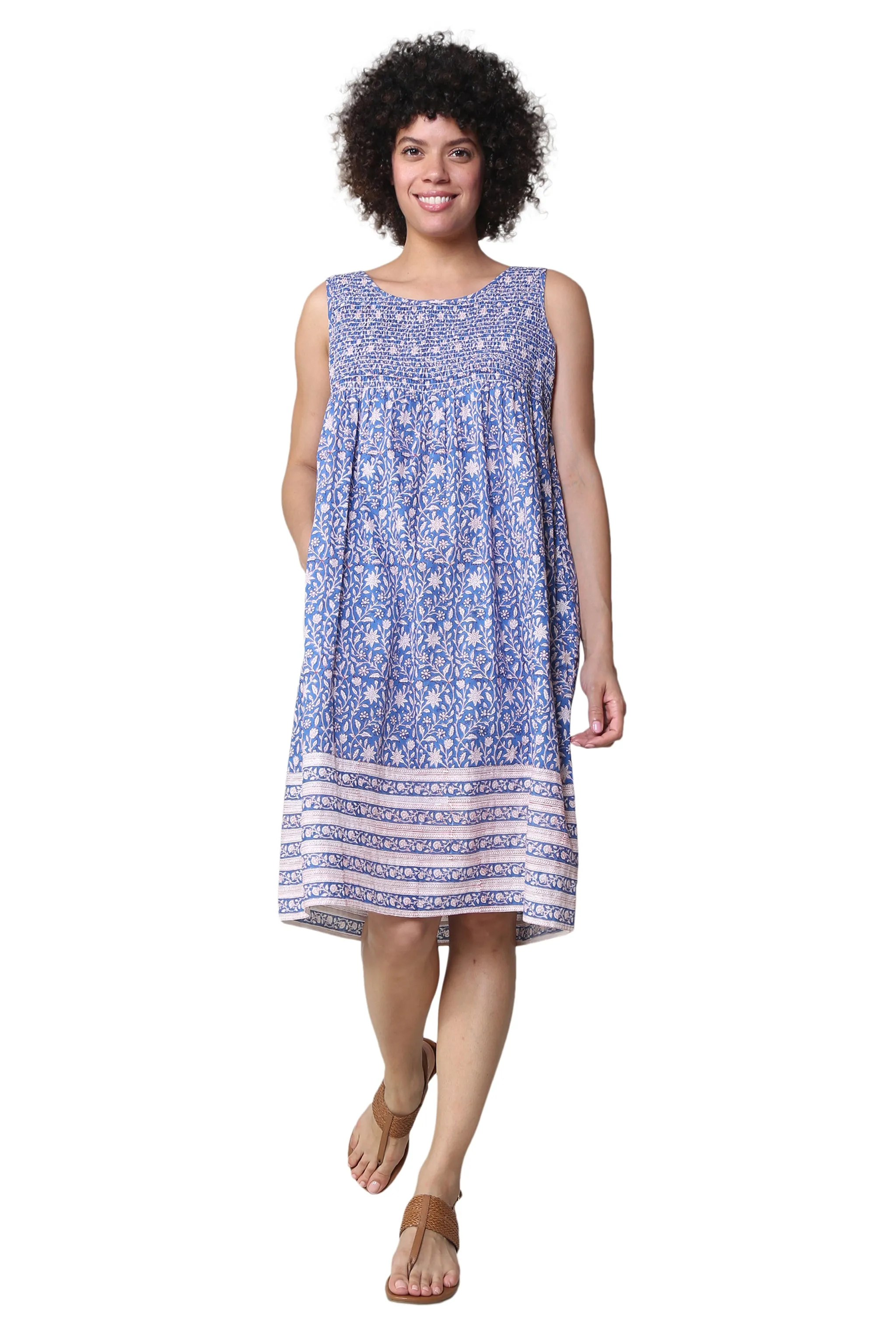 La Cera 100% Cotton Elegant Blue Floral Sleeveless Dress