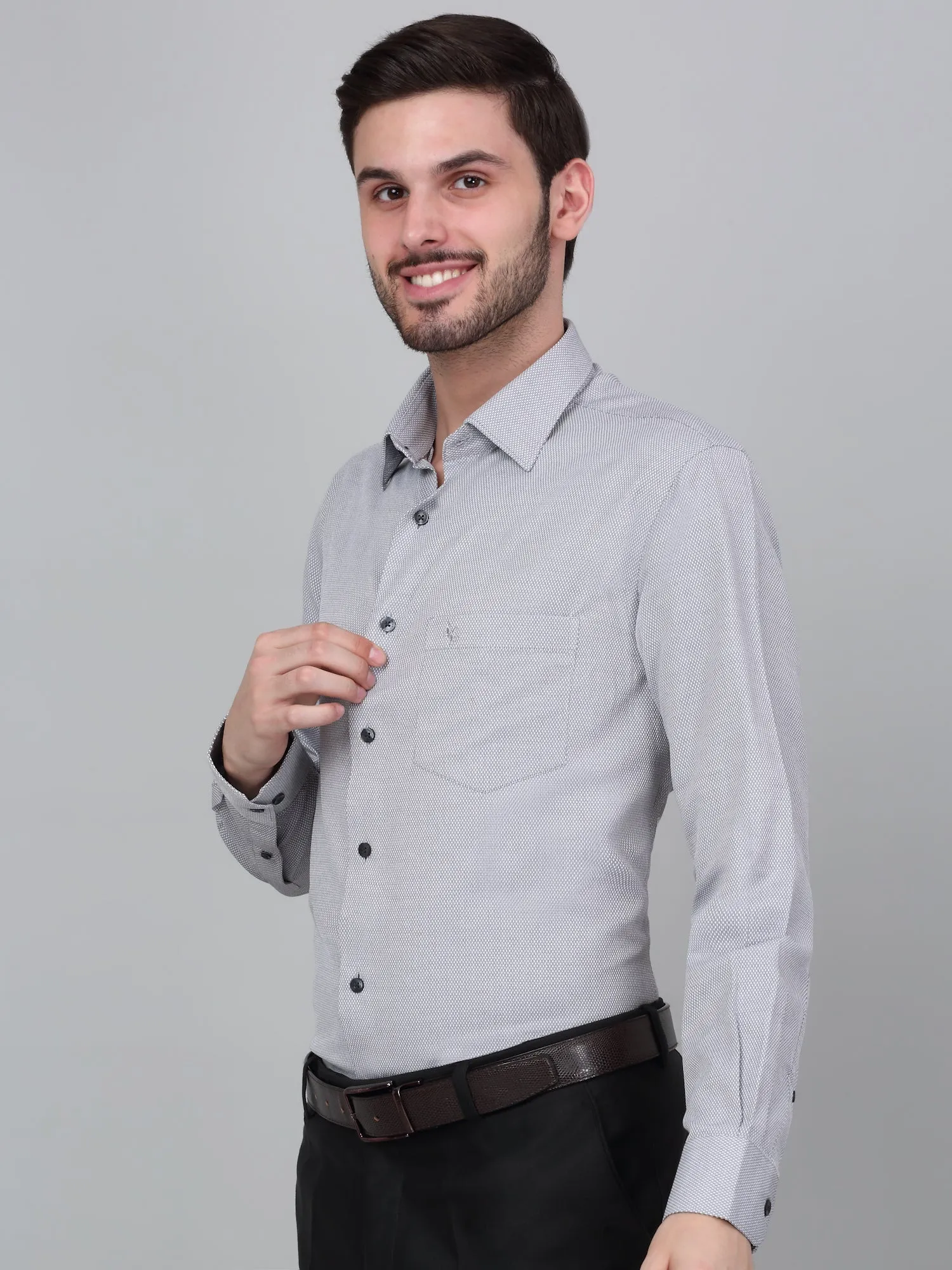 Men's Grey Self Design Full Sleeve Formal Shirt