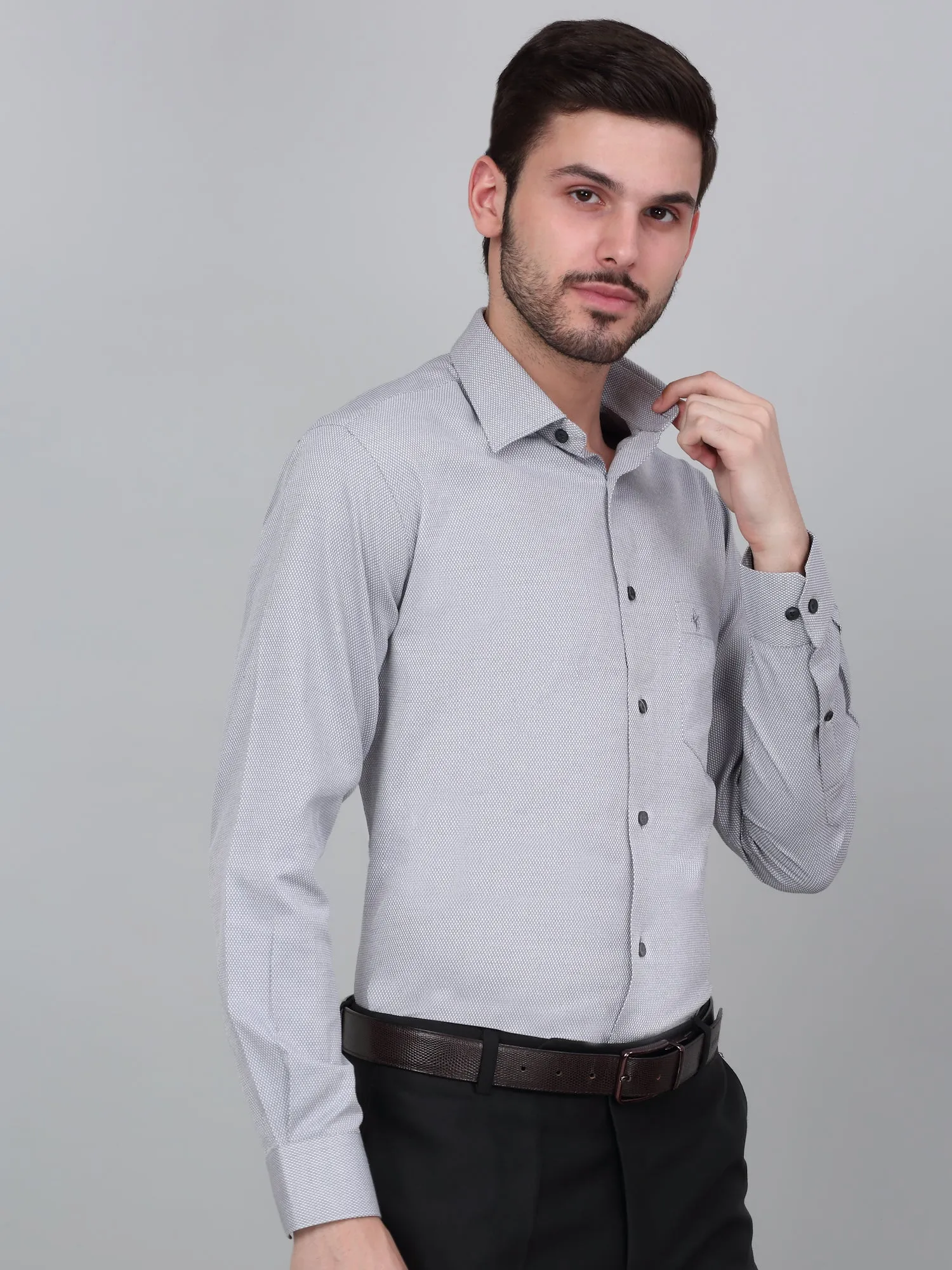 Men's Grey Self Design Full Sleeve Formal Shirt