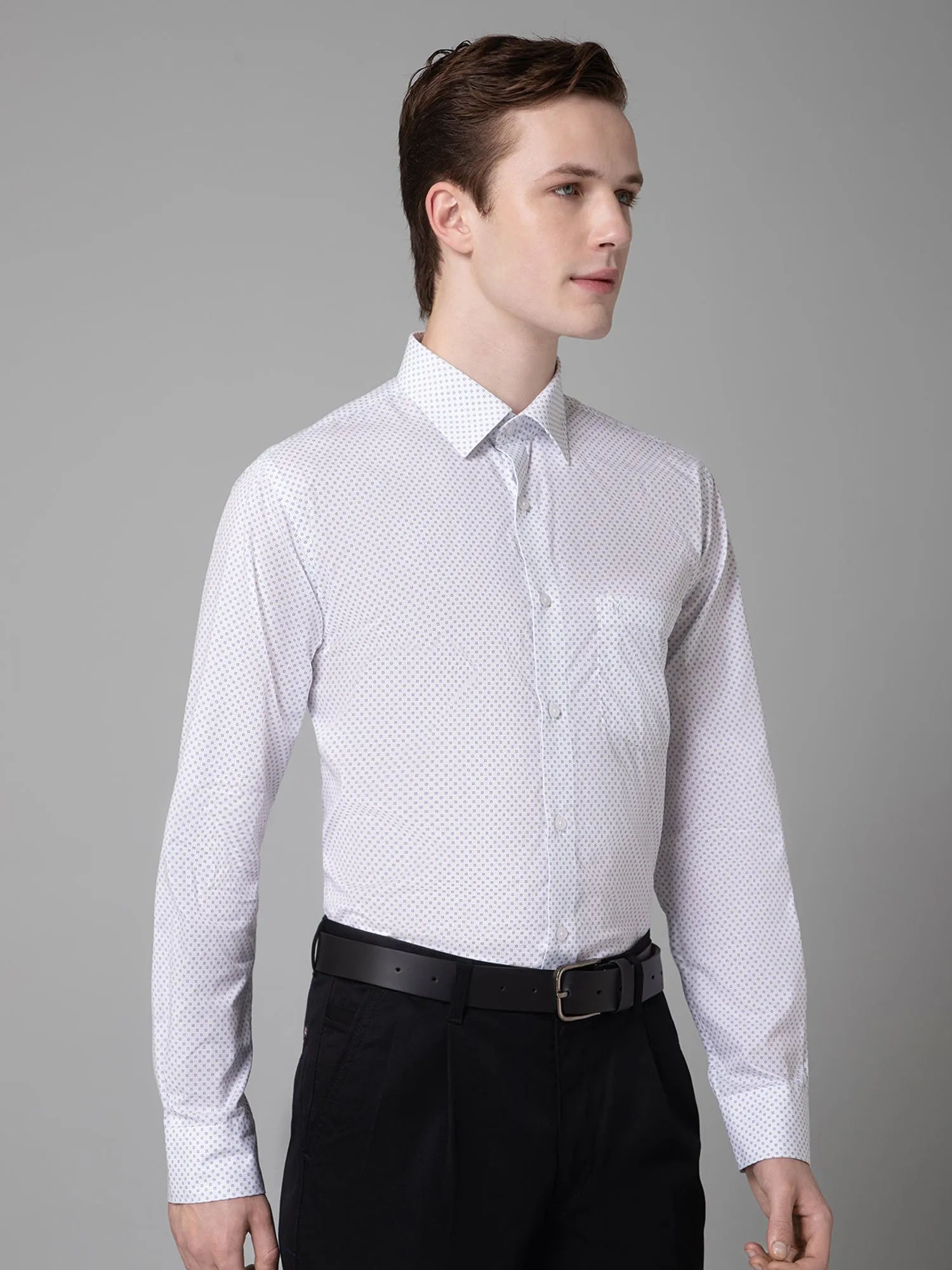 Men's White Formal Geometric Ditsy Print Full Sleeve Shirt