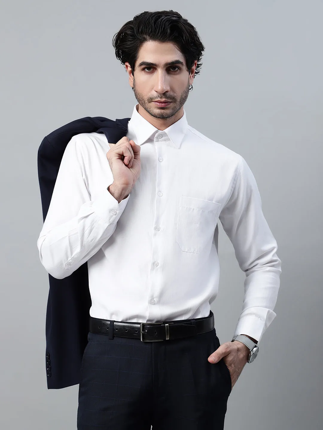 Men's White Self Design Full Sleeve Formal Shirt