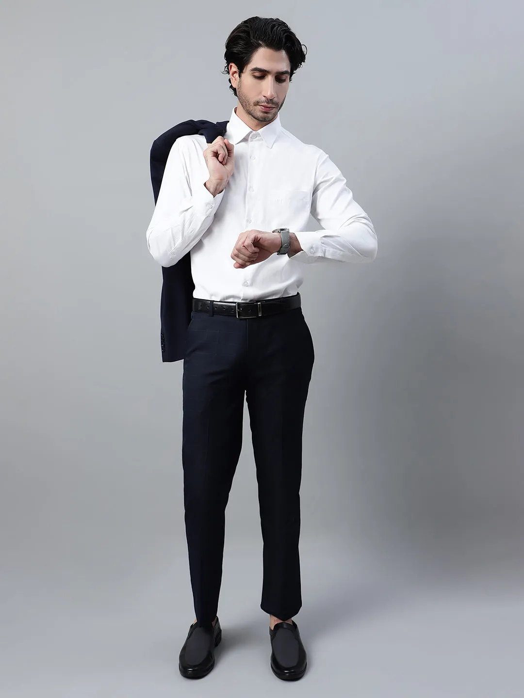 Men's White Self Design Full Sleeve Formal Shirt