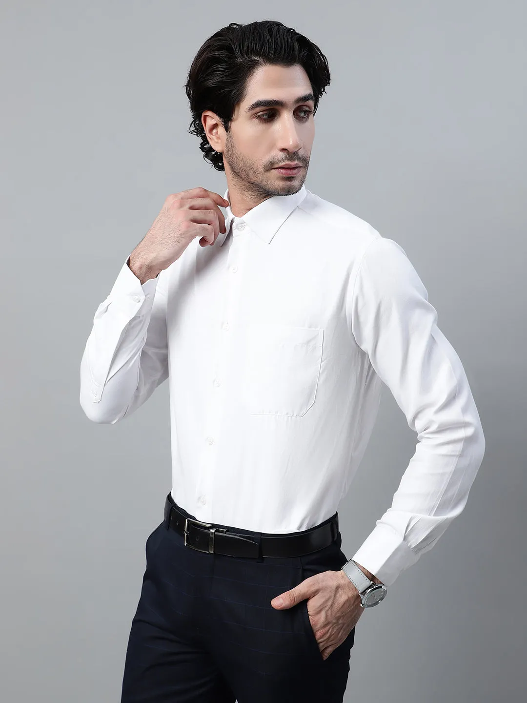 Men's White Self Design Full Sleeve Formal Shirt