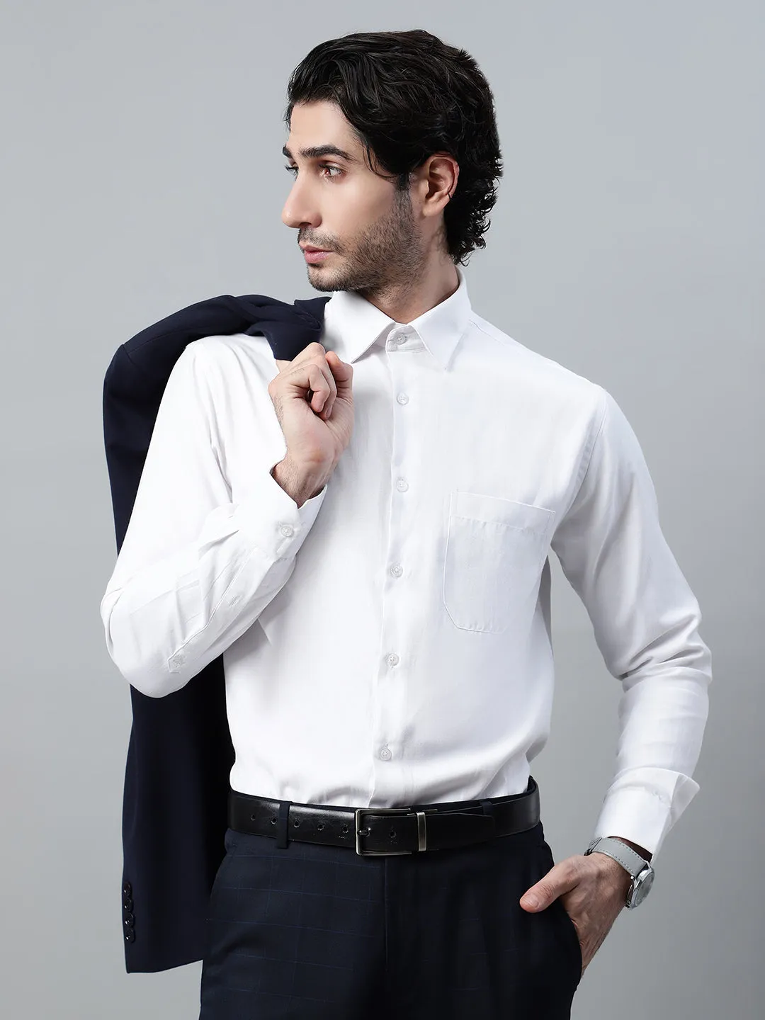 Men's White Self Design Full Sleeve Formal Shirt