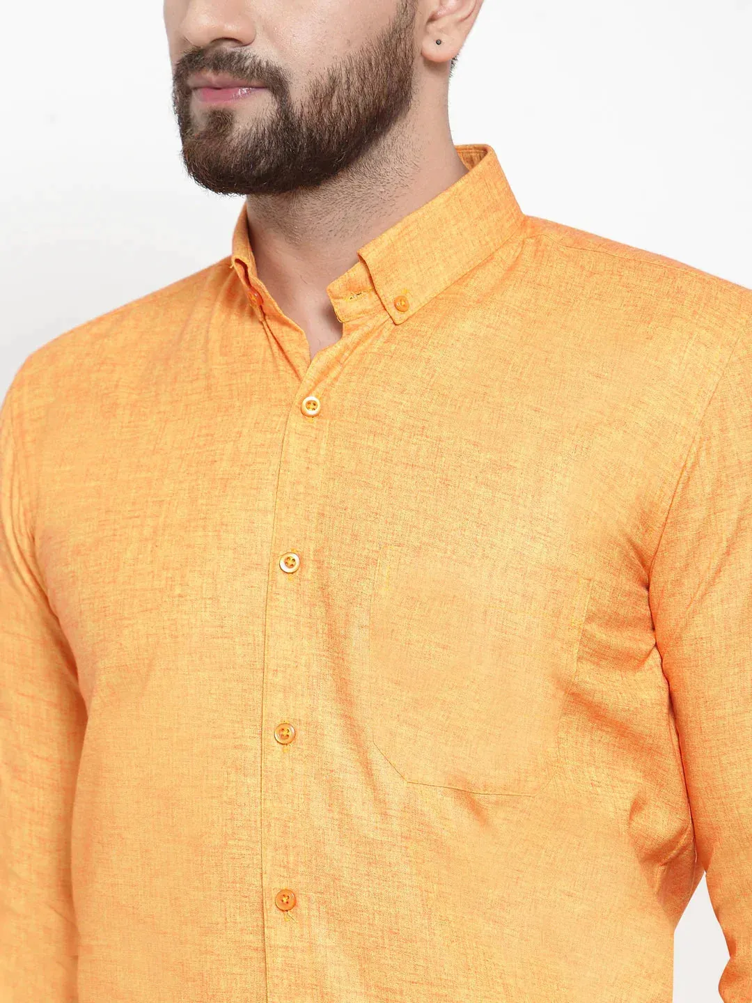 Men's Yellow Cotton Solid Button Down Formal Shirts - Taantav