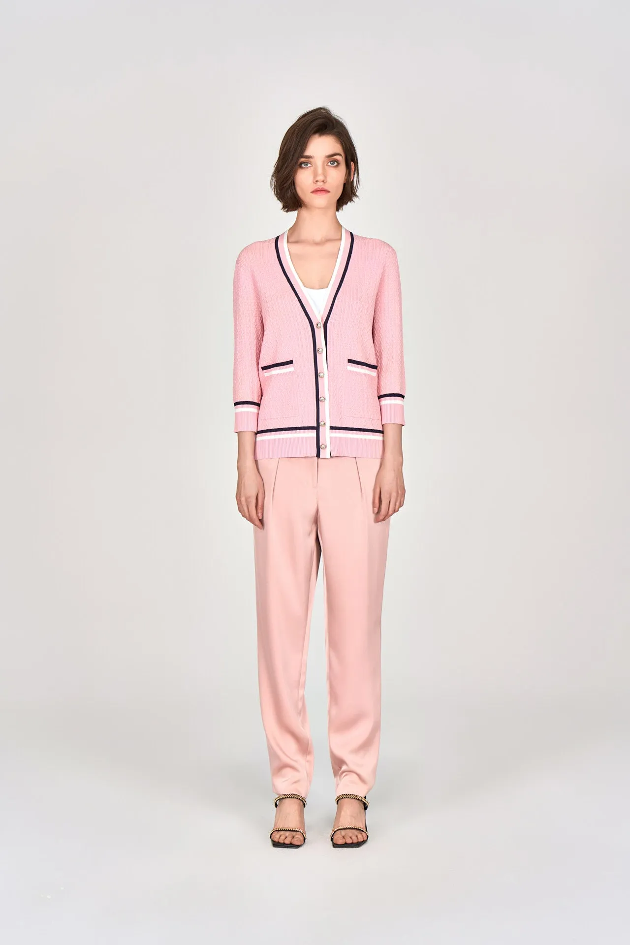 Pink Sheen Straight-leg Tailored Pants with Elastic Back