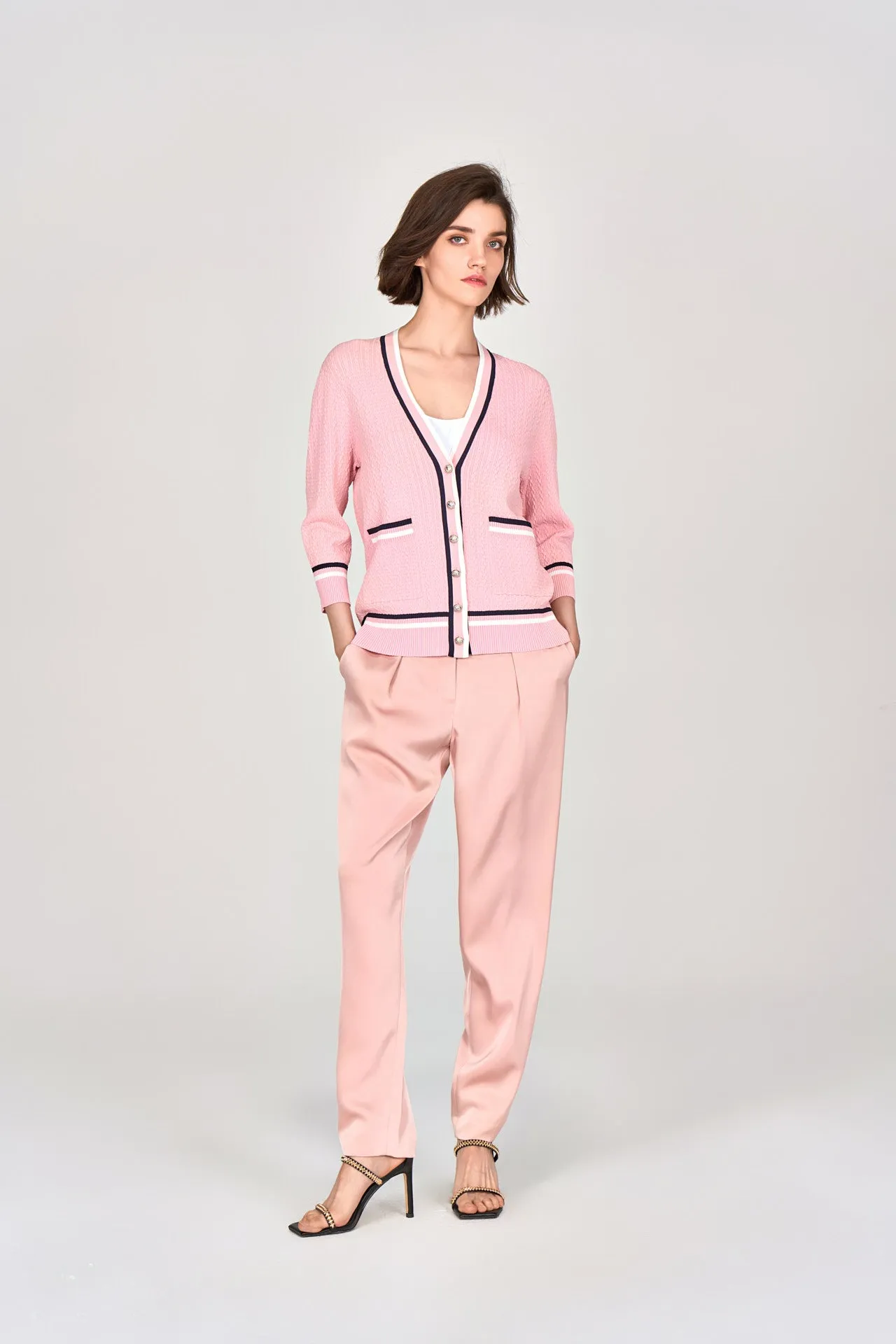 Pink Sheen Straight-leg Tailored Pants with Elastic Back