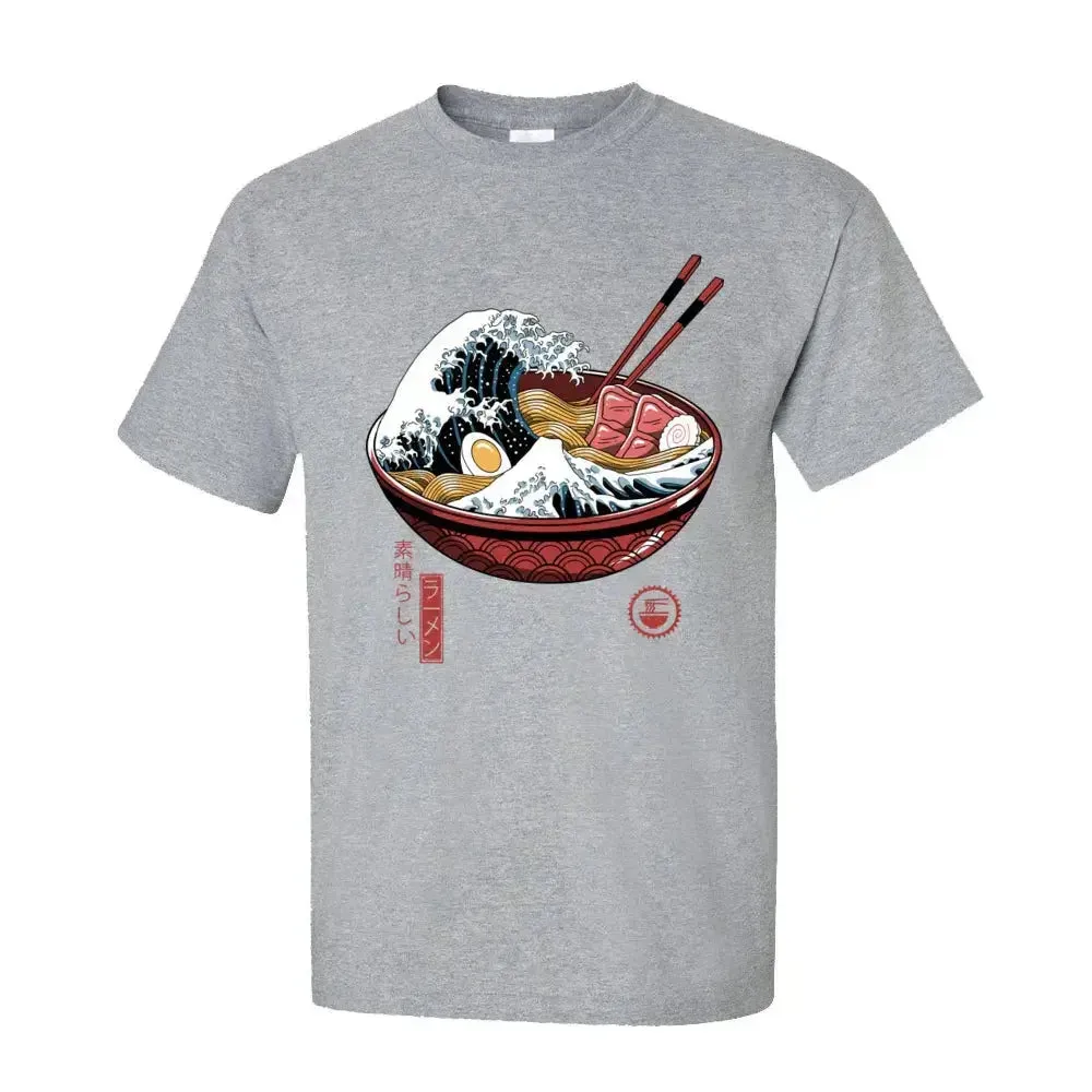 Printing Great Ramen Wave White Tops T-Shirt for Men Classic Japan Style Crewneck 100% Cotton Short Sleeve T Shirt Noodle Tees