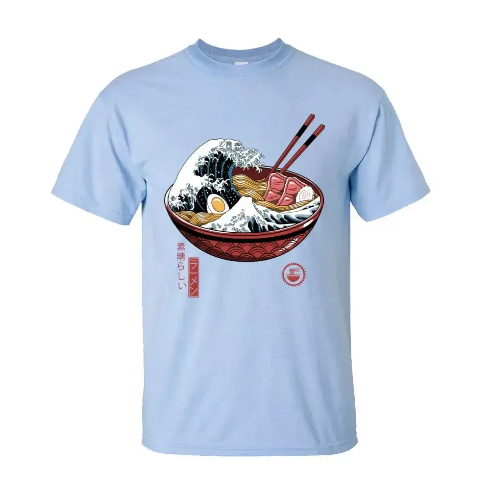 Printing Great Ramen Wave White Tops T-Shirt for Men Classic Japan Style Crewneck 100% Cotton Short Sleeve T Shirt Noodle Tees