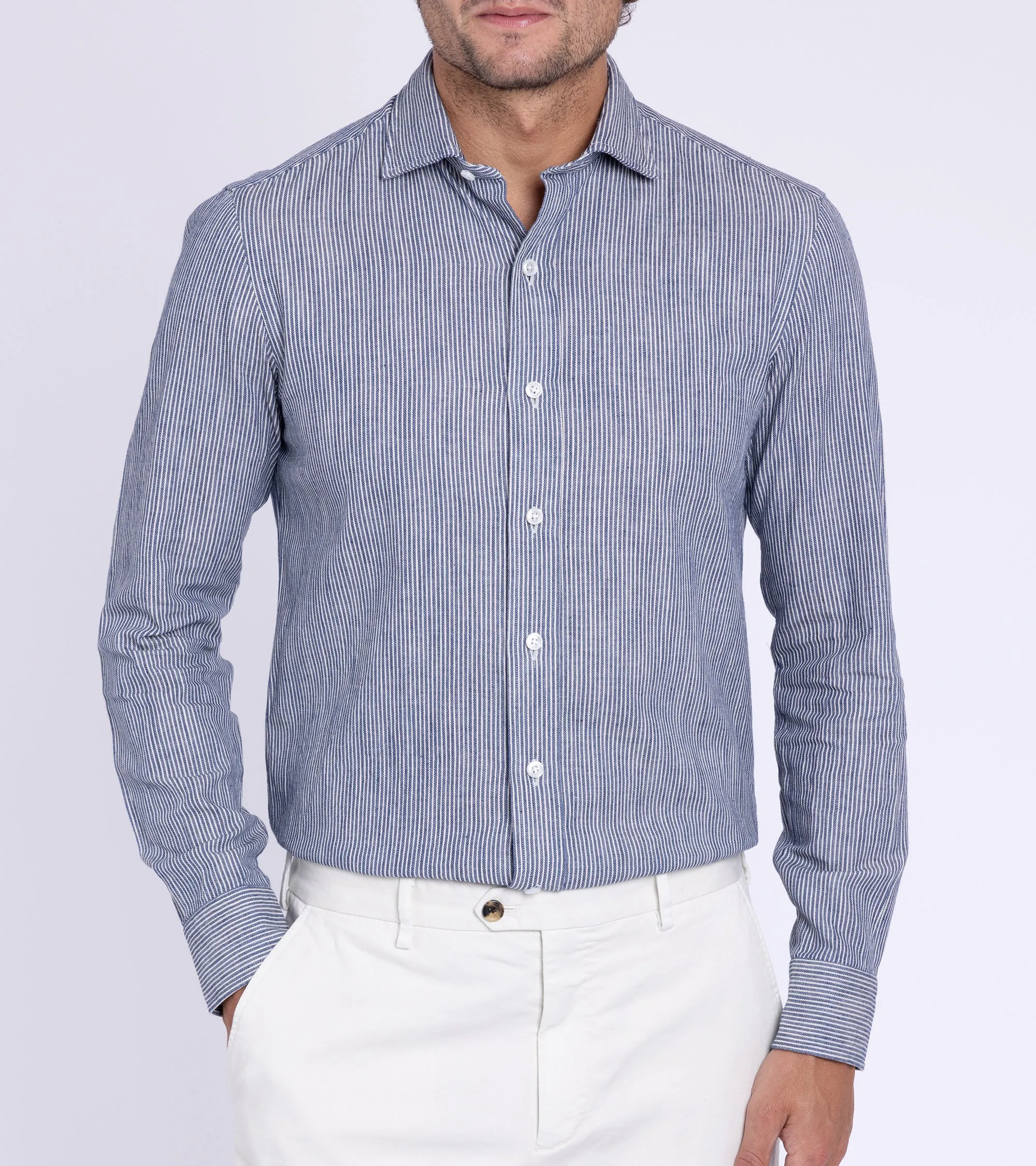 Salvatore Piccolo Selvedge Cotton Striped Shirt: Dark Blue