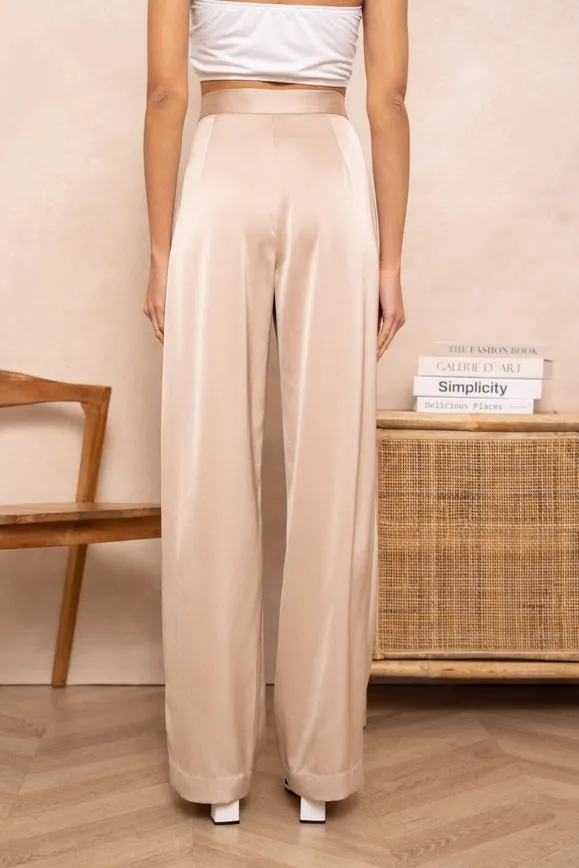 Satin Straight Cut Pants Beige