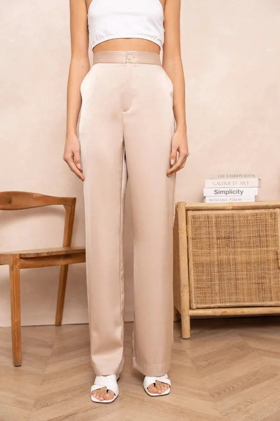 Satin Straight Cut Pants Beige