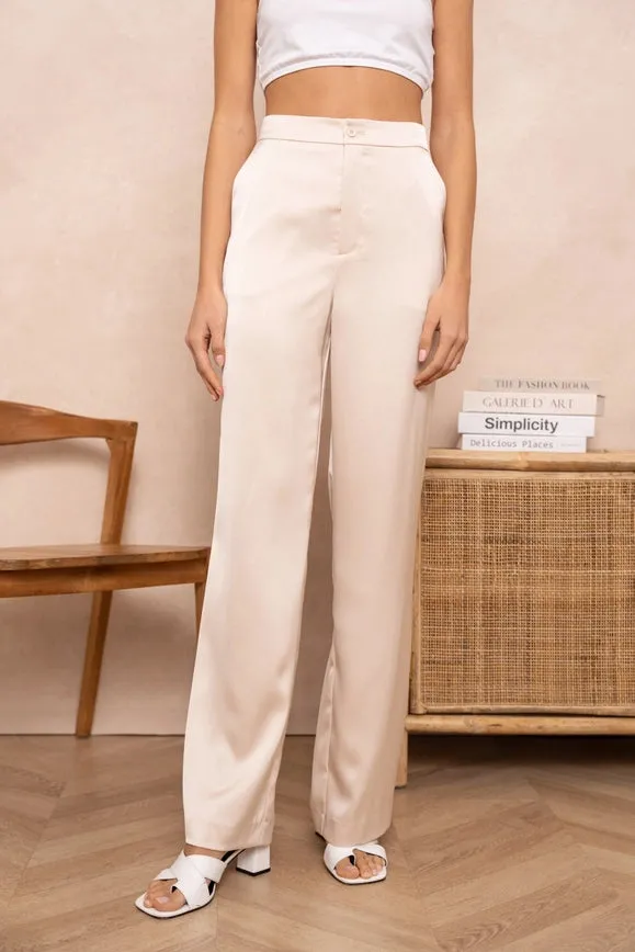 Satin Straight Cut Pants Beige