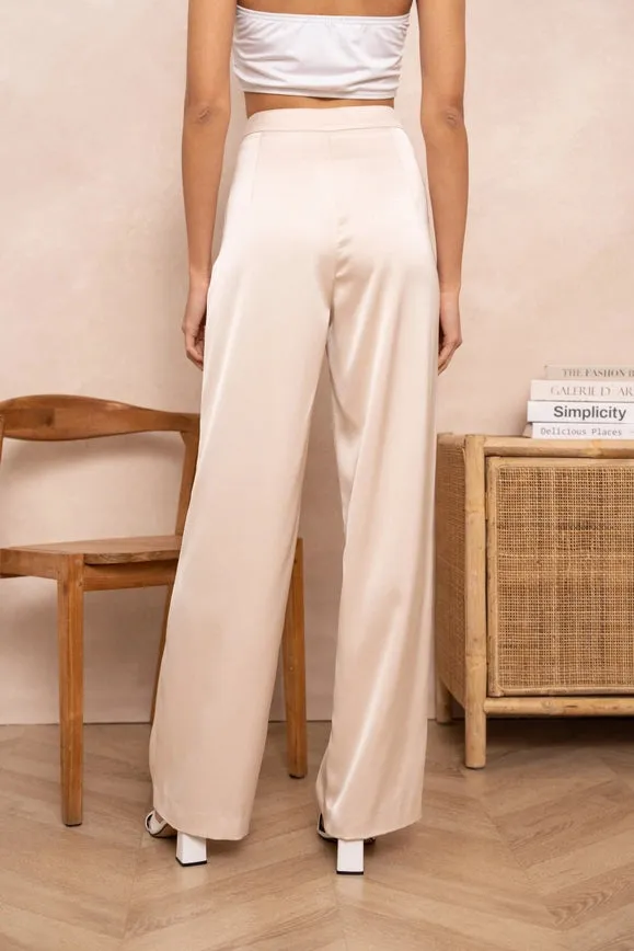 Satin Straight Cut Pants Beige