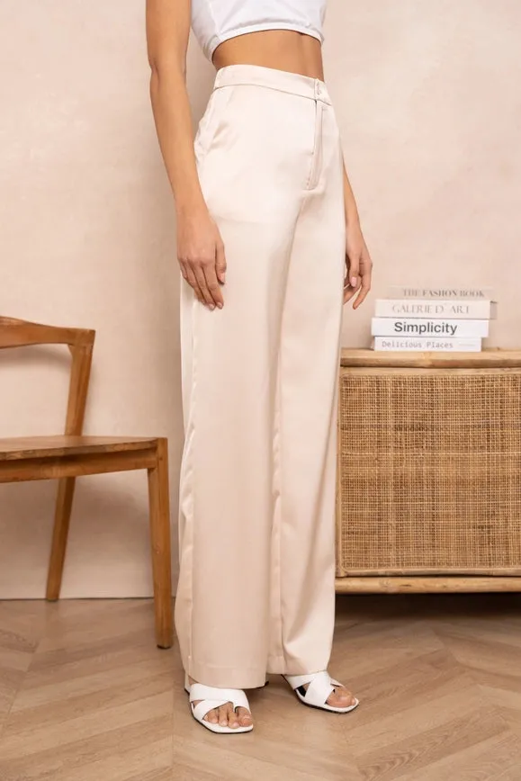 Satin Straight Cut Pants Beige