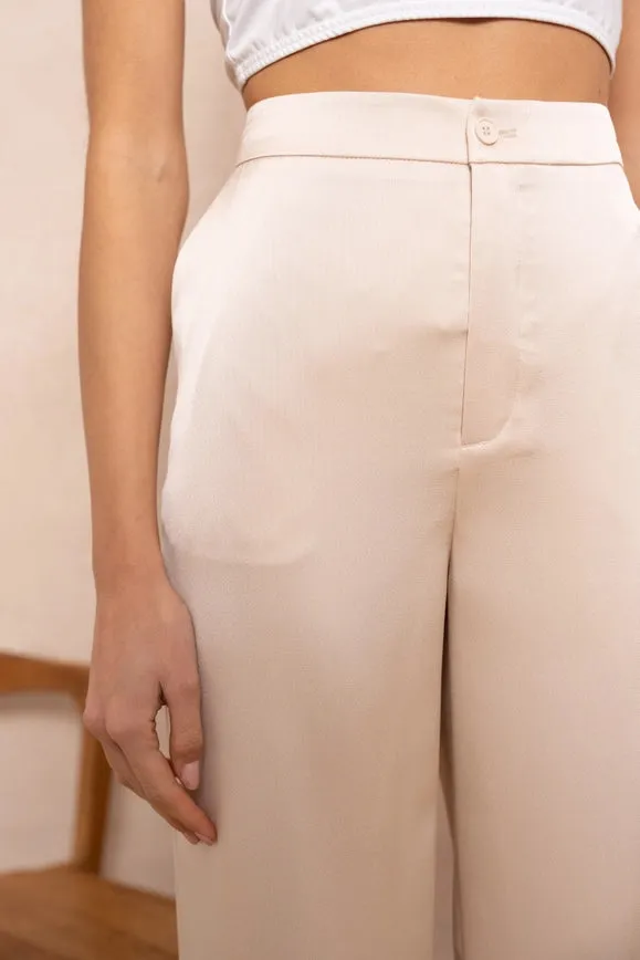 Satin Straight Cut Pants Beige