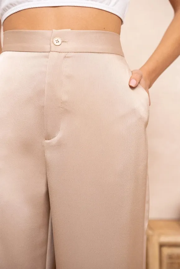 Satin Straight Cut Pants Beige