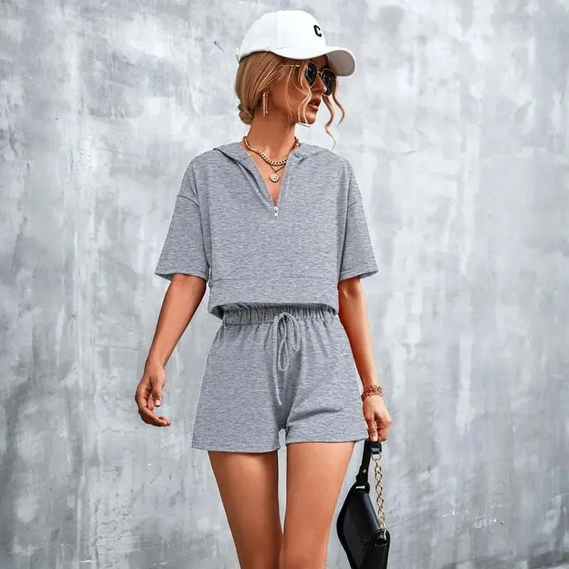 Solid Hooded Zip Casual Shorts Set