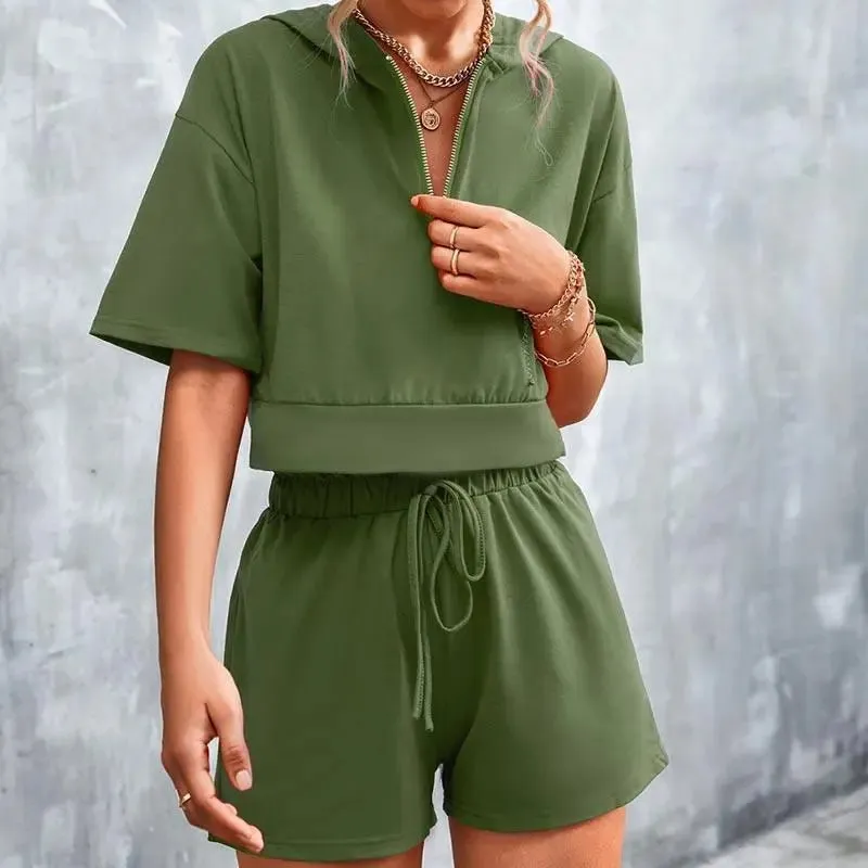 Solid Hooded Zip Casual Shorts Set