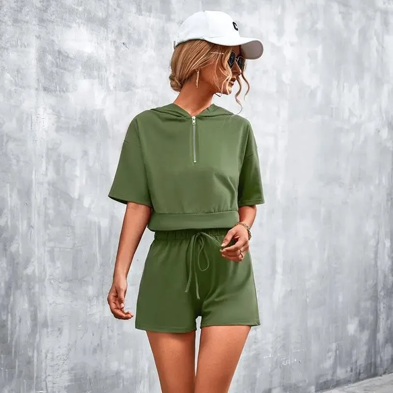 Solid Hooded Zip Casual Shorts Set