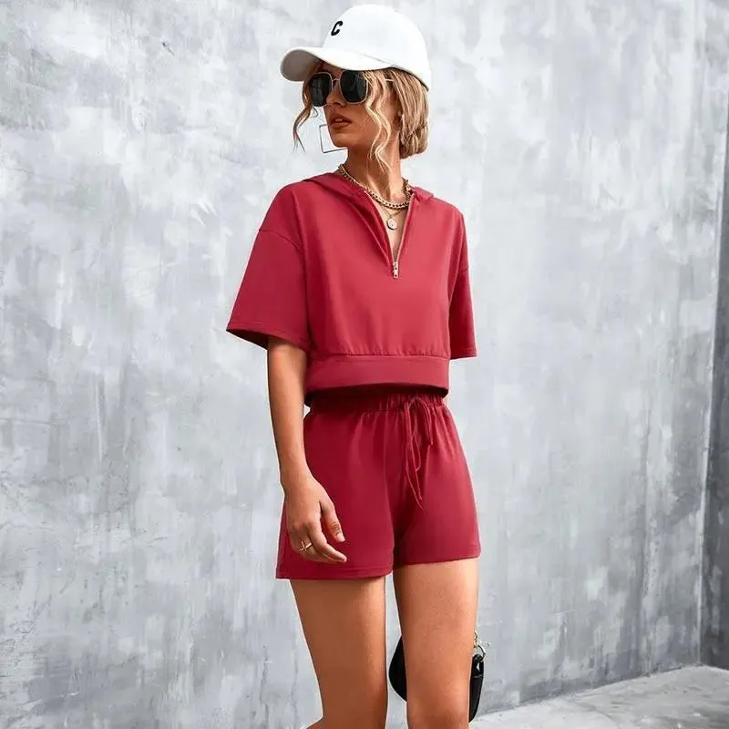 Solid Hooded Zip Casual Shorts Set