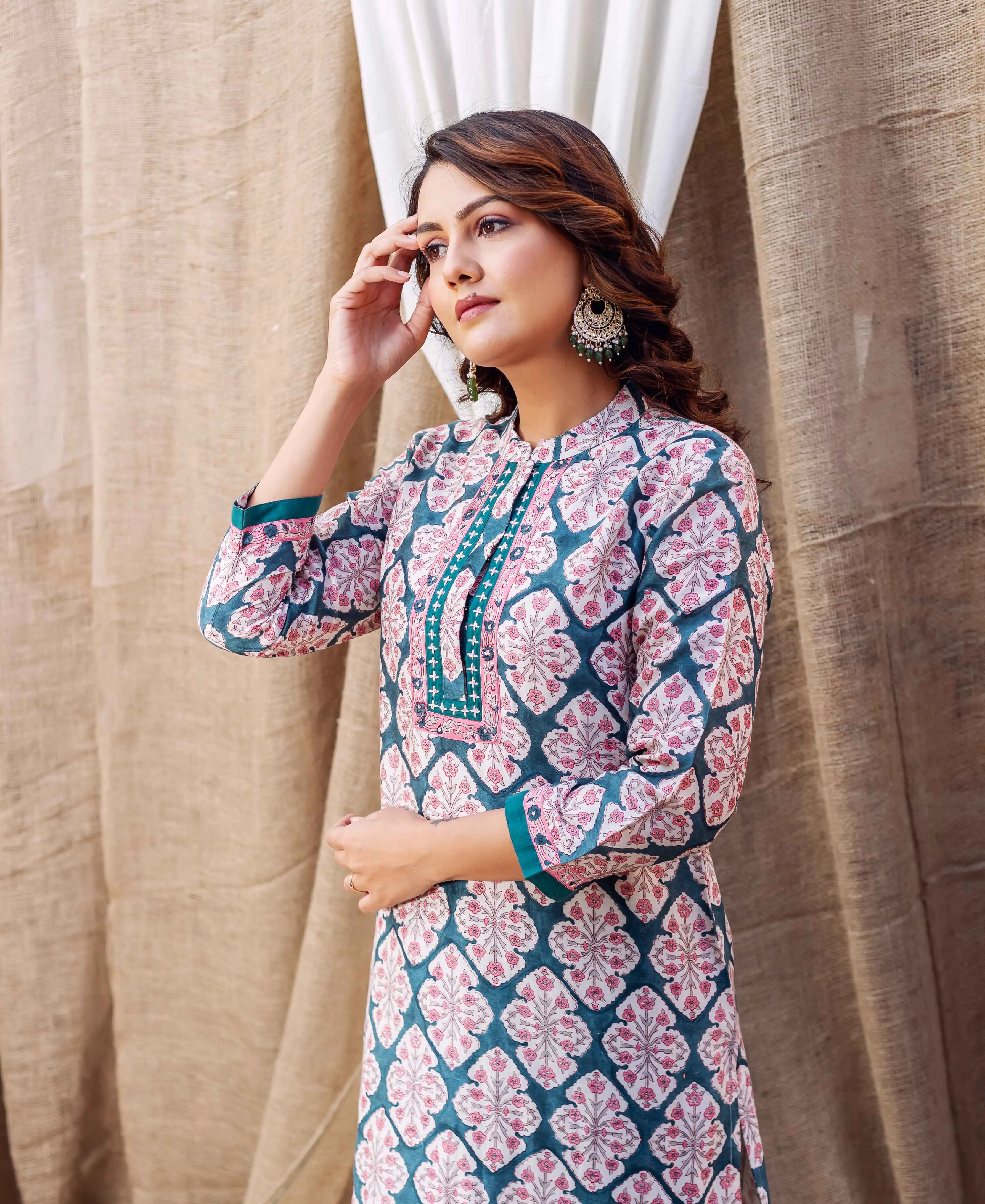 Teal Green Block Printed Chanderi Kurta