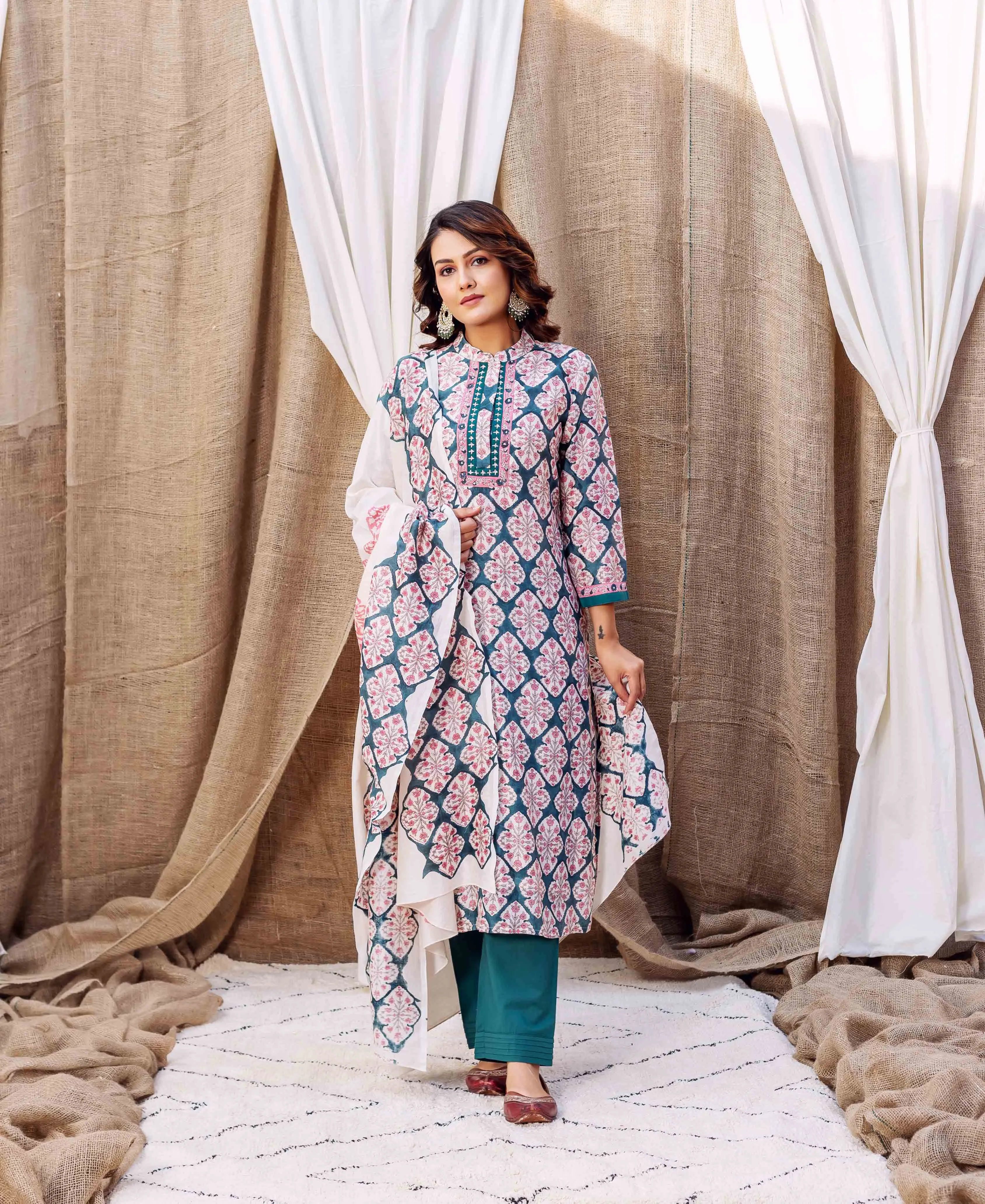 Teal Green Block Printed Chanderi Kurta