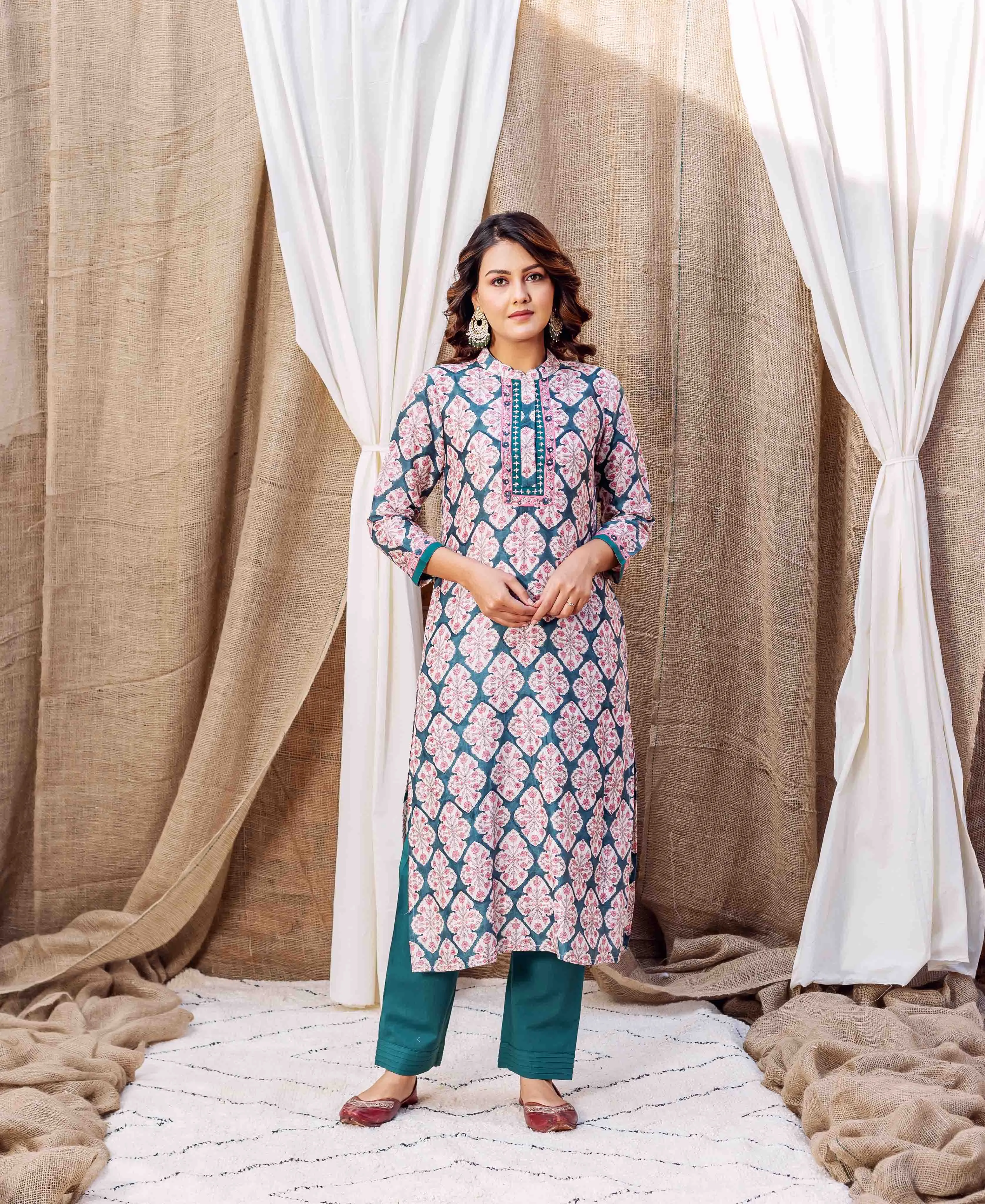 Teal Green Block Printed Chanderi Kurta