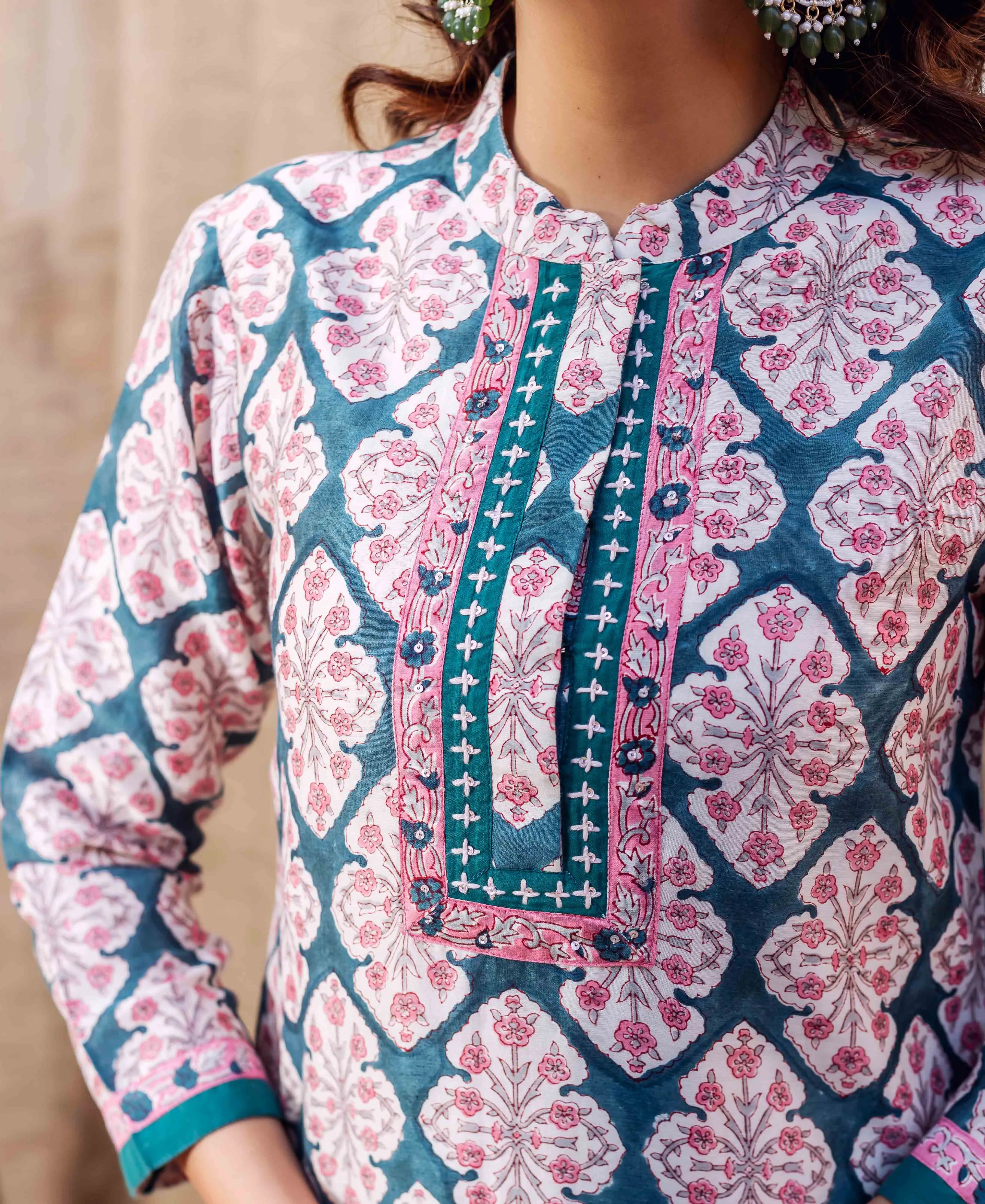 Teal Green Block Printed Chanderi Kurta