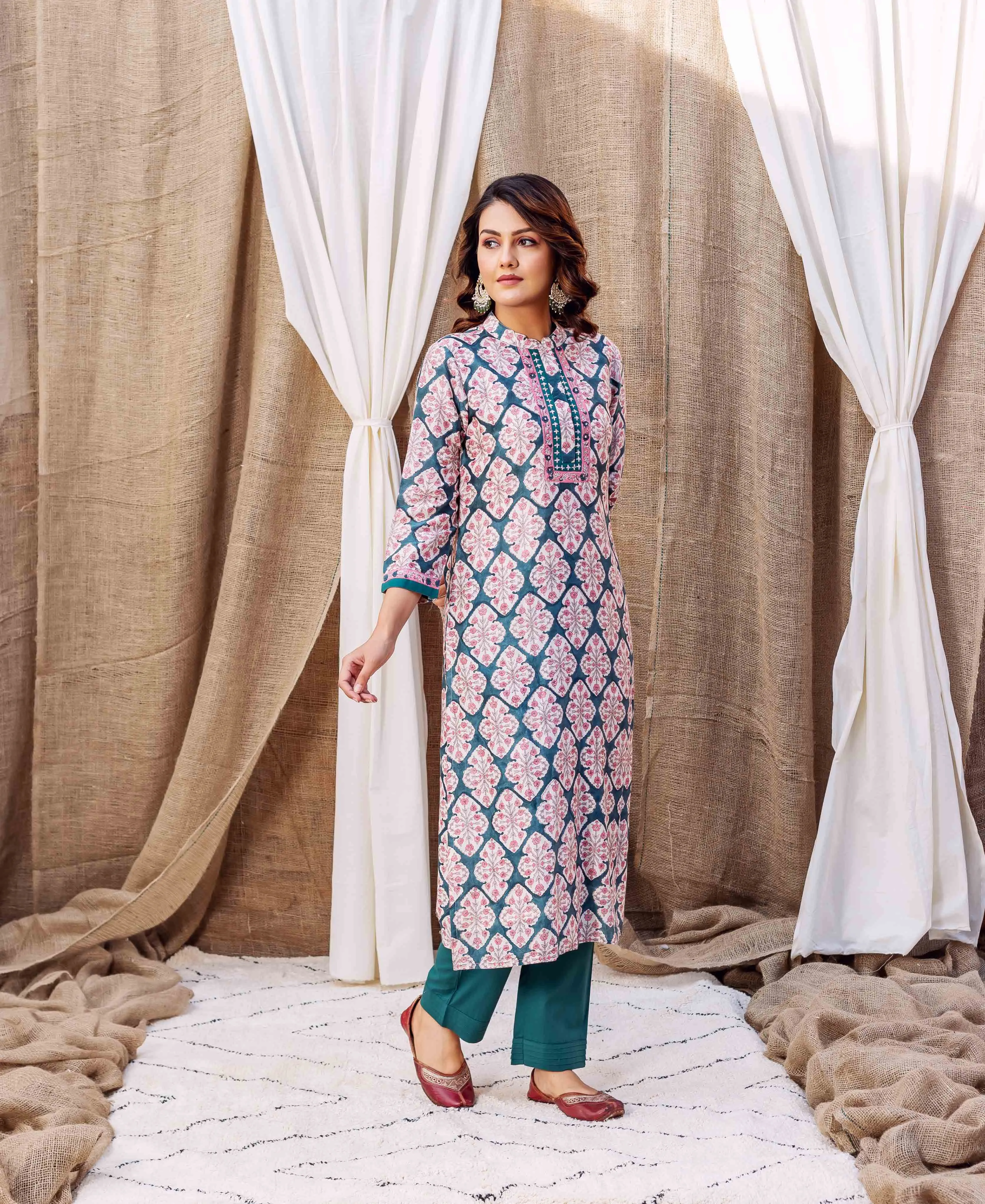 Teal Green Block Printed Chanderi Kurta