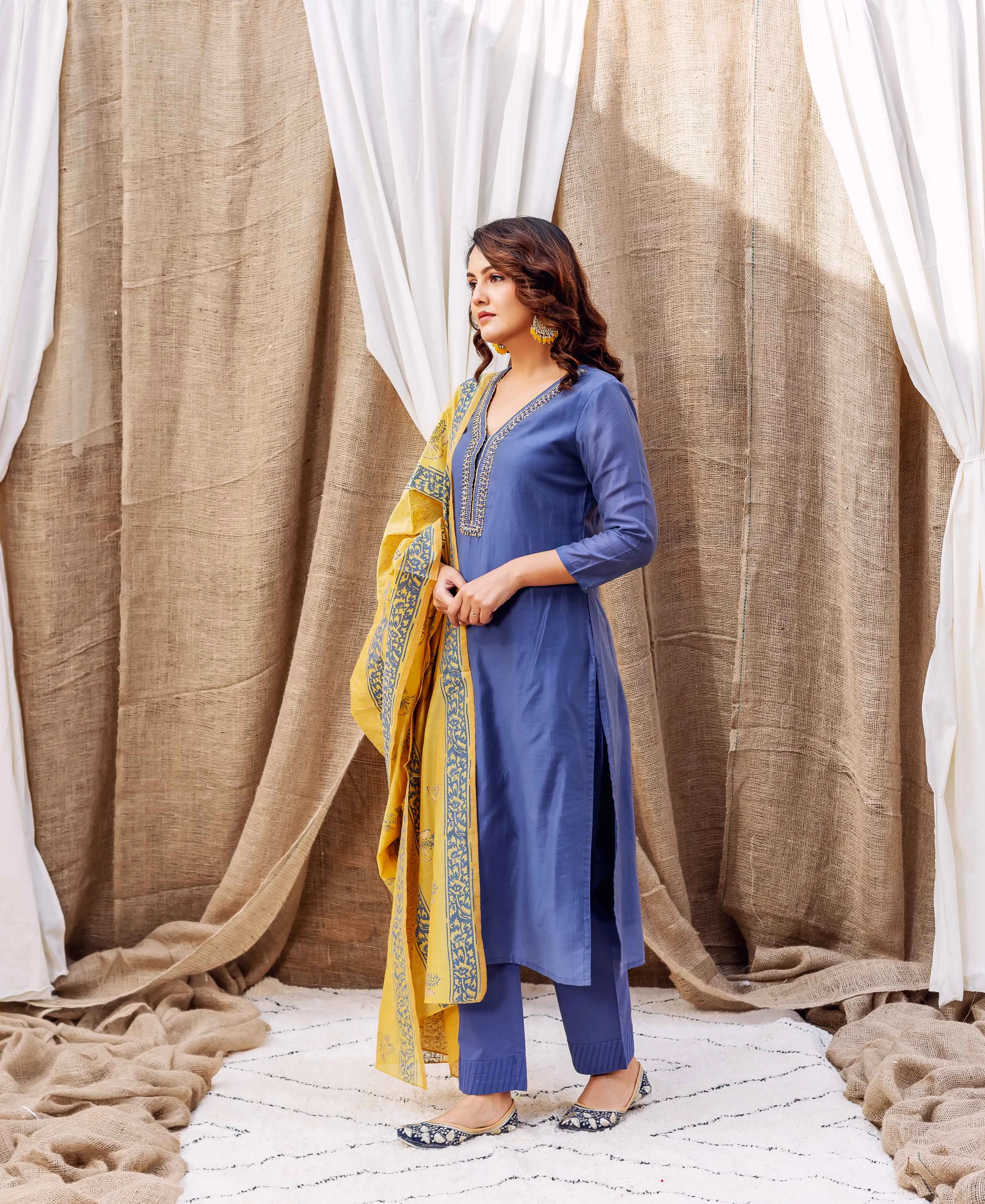 Turvi Steel Blue Chanderi Kurta