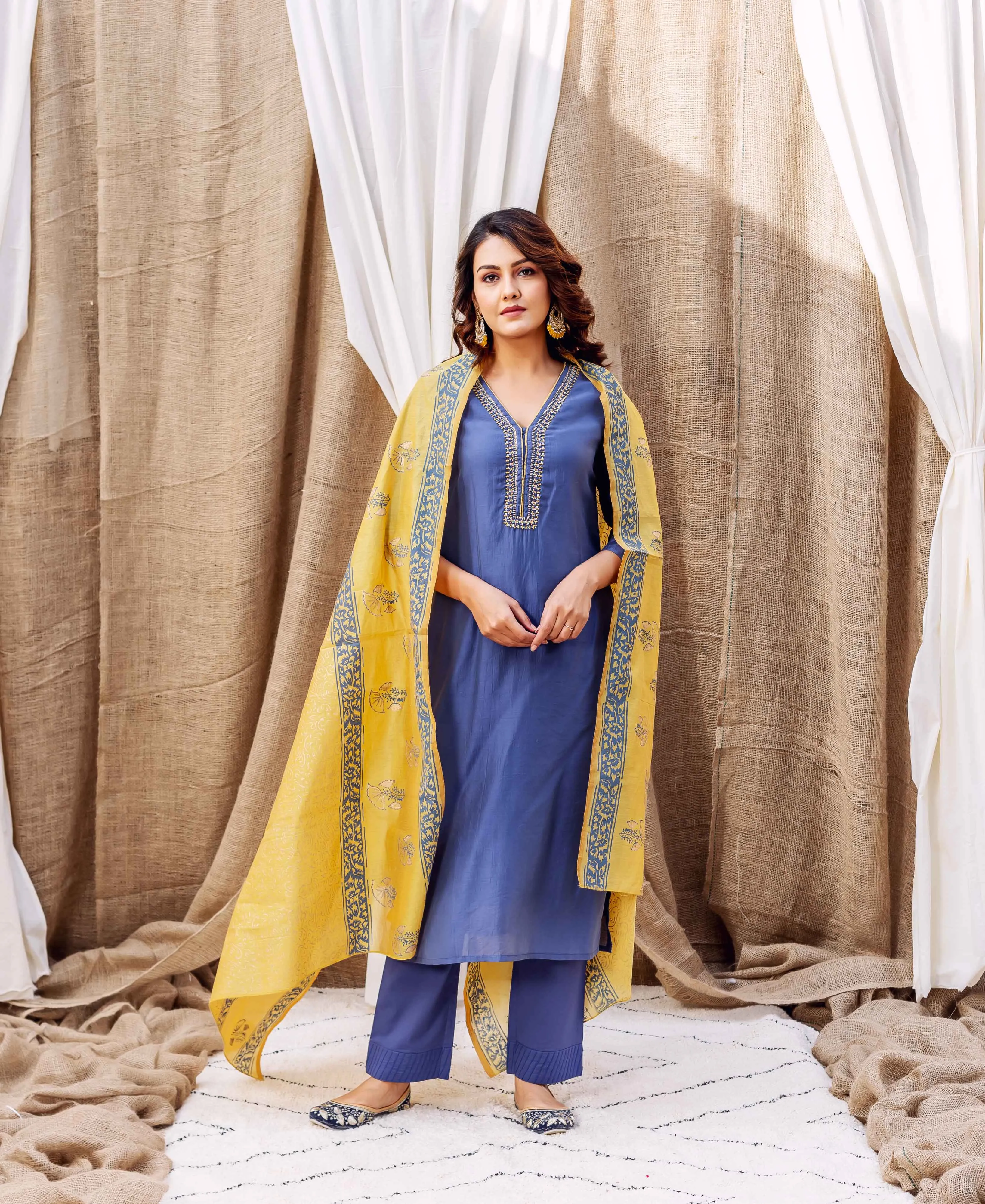 Turvi Steel Blue Chanderi Kurta